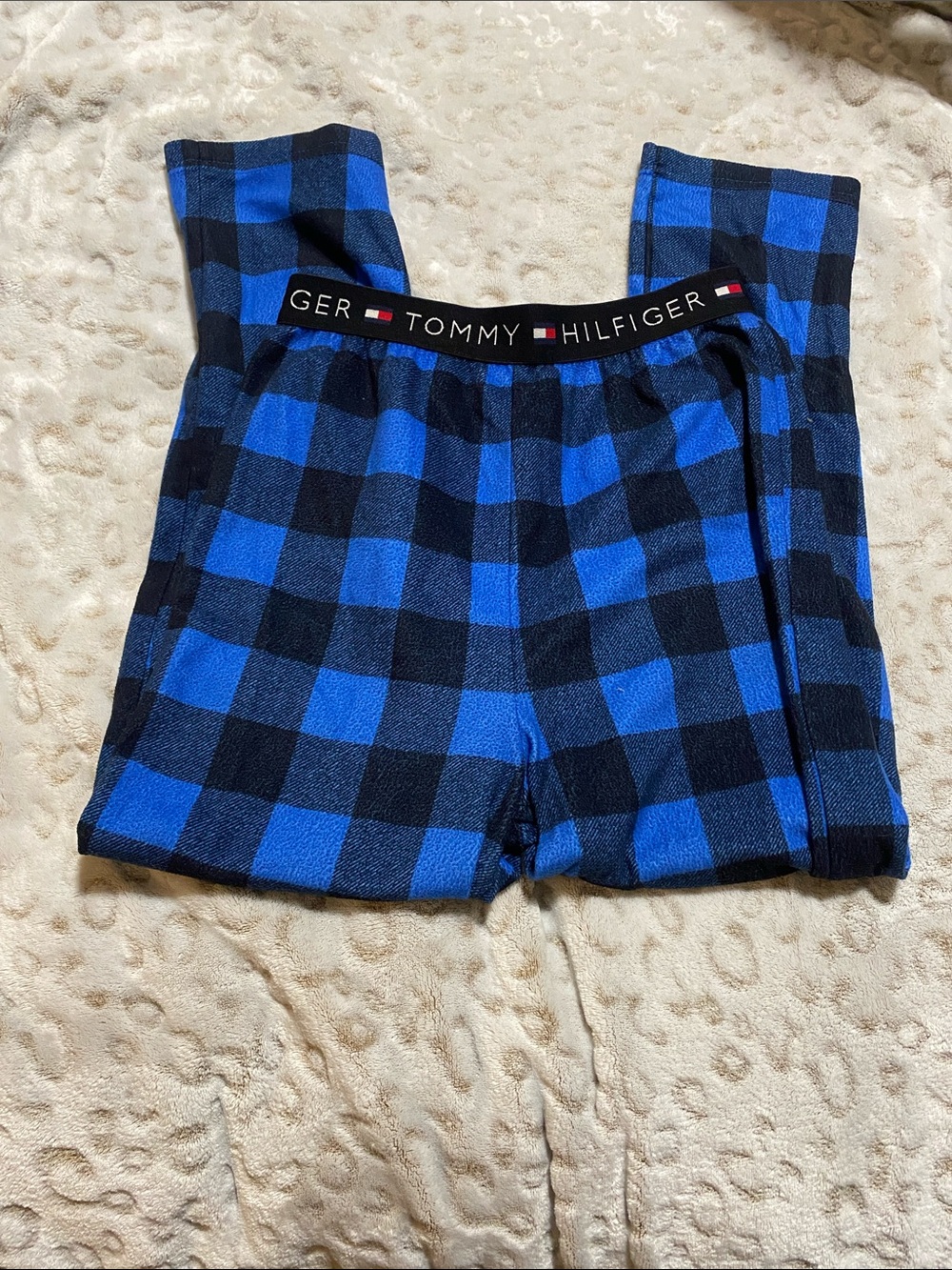 Boys Tommy Hilfiger Blue and Black Plaid Fleece Pajama Bottoms